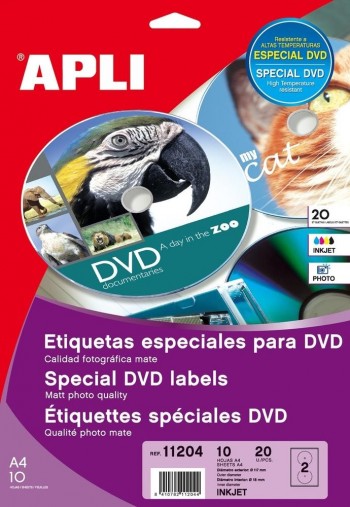 Etiquetas imprimibles Apli 11204 inkjet CD/DVD 117mm 10 hojas