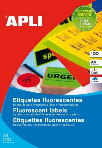 Etiquetas fluorescentes imprimibles Apli 11749 laser rojo permanentes 210x297mm 100 hojas
