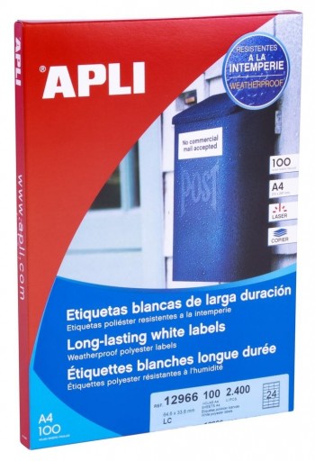 Etiquetas larga duración Apli 12966 poliéster blancas 64,6x33,8mm 100 hojas 2400 unidades