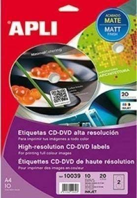 Etiquetas imprimibles Apli 10039 blancas CD-DVD mega 10 hojas
