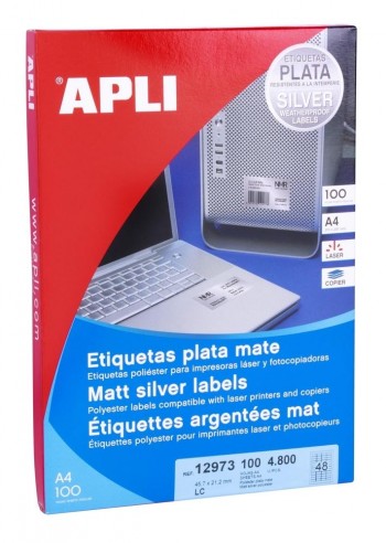 Etiquetas imprimibles Apli 12973 laser metalizadas plata permanentes 45,7x21,2mm 100 hojas 4800 unidades