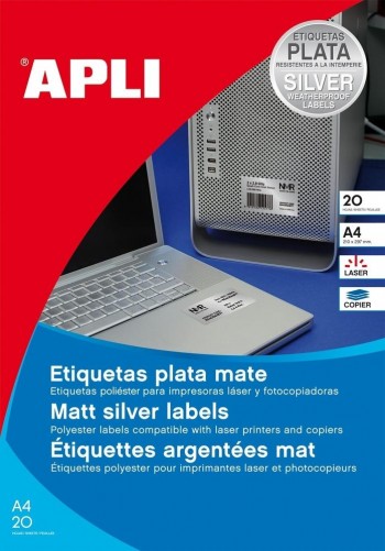 Etiquietas imprimibles Apli 12975 laser metalizadas plata permanentes 40mm 20 hojas 480 unidades