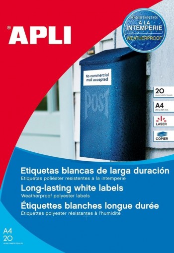 Etiquetas larga duración Apli 15088 laser poliéster blancas intemperie 63,5x38,1mm 20 hojas 420 unidades