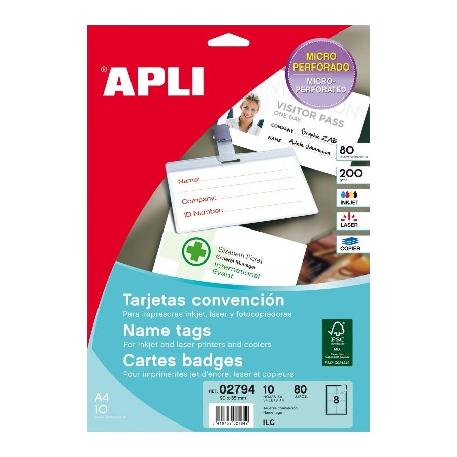 Tarjetas convención imprimibles Apli 02794 microperforadas 90x55mm 200g 10 hojas 80 unidades