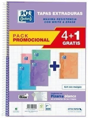 Pack 4+1 Bloc espiral Oxford 400159802 folio tapa extradura pizarra 80H 90G cuadros 4X4 pastel