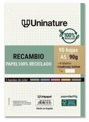 Recambios de papel A5 100h 90g 5x5mm UniNature 53393500 Grafoplas