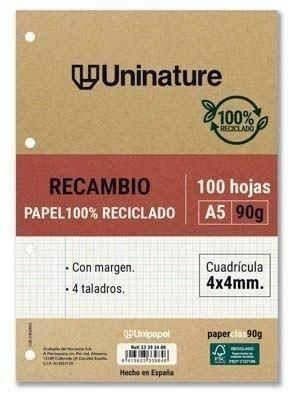 Recambios de papel A5 100h 90g 4x4mm UniNature 53393400 Grafoplas