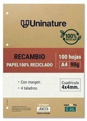 Recambios de papel A4 100h 90g 4x4mm UniNature 53392700 Grafoplas