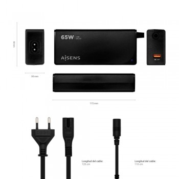 Cargador Universal AISENS ASLC-65WAUTO-BK   65W Multitensión con USB QC 3.0