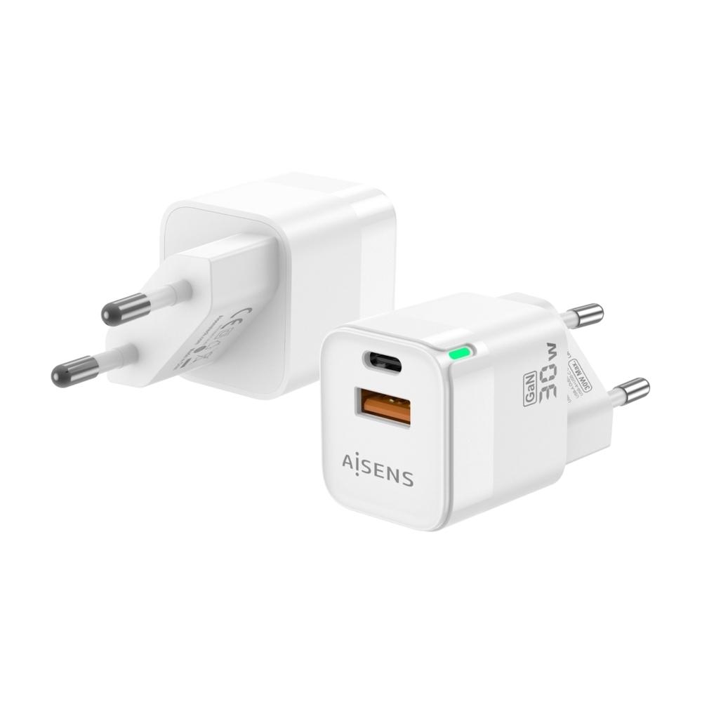 Cargador GaN AISENS ASCH-30W2P004-W   30W con USB-C PD3.0 y USB-A QC3.0 (Blanco)