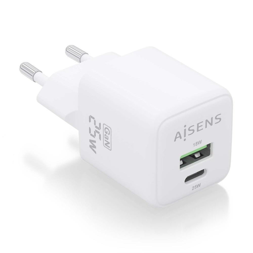 Cargador GaN AISENS ASCH-25W2P014-W   25W con USB-C PD3.0/QC4.0 + USB-A QC3.0 (Blanco)