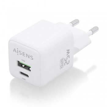 Cargador GaN AISENS ASCH-25W2P014-W   25W con USB-C PD3.0/QC4.0 + USB-A QC3.0 (Blanco)