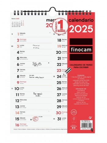 Calendario año 2025 Finocam 782100025 pared Dos columnas M