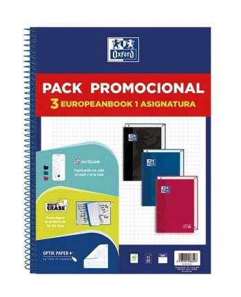 Pack 3 Bloc espiral Oxford 400195024 A4+ Tapa extradura colores vivos 80H cuadros 5x5 Classic WRITE&ERASE