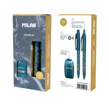 Set de escritula Milan Portaminas 0.5 + Boligrafo + Afilaborras Lava Azul 6355LVBA