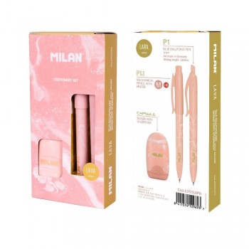 Set de escritula Milan Portaminas 0.5 + Boligrafo + Afilaborras Lava Rosa 6355LVPA