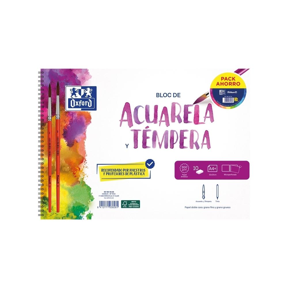 Bloc espiral dibujo acuarela Oxford 400197384 A4+ 10H 300G Liso + 2 pinceles Pelikan