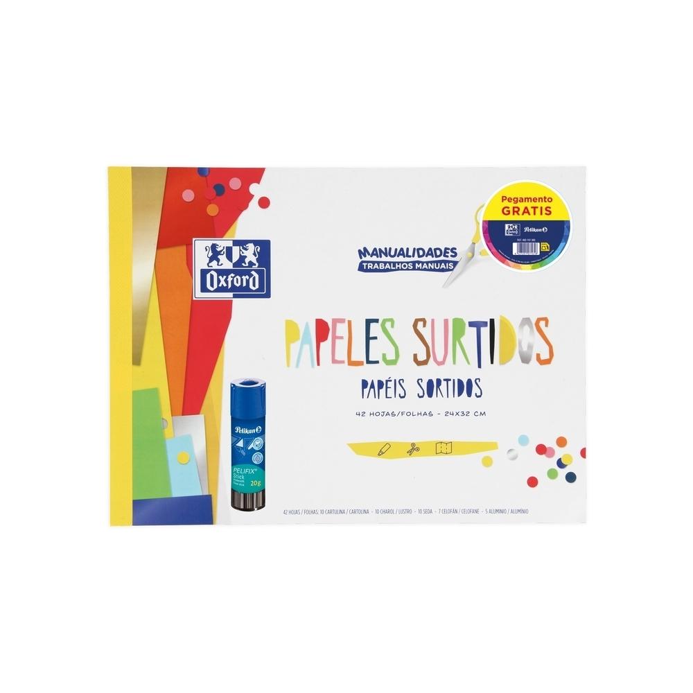 Bloc manualidades Oxford 400197385 A4 42H Papeles y colores surtidos + Pegamento barra 21g. Pelikan