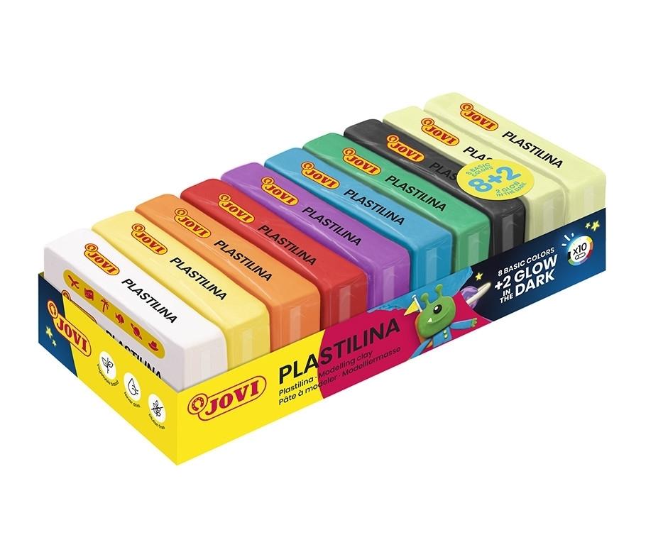 PLASTILINA JOVI Bandeja 10 pastillas 50 g 8 colores básicos + 2 FOSFORESCENTE 70/10G