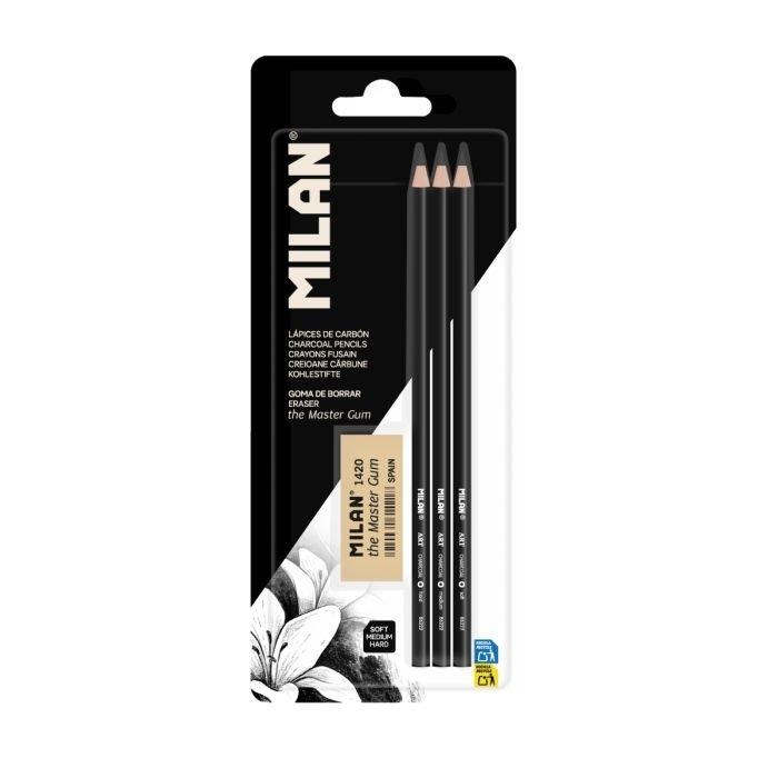 Blíster 3 lápices de carboncillo MILAN Art + goma The Master Gum BYM10531