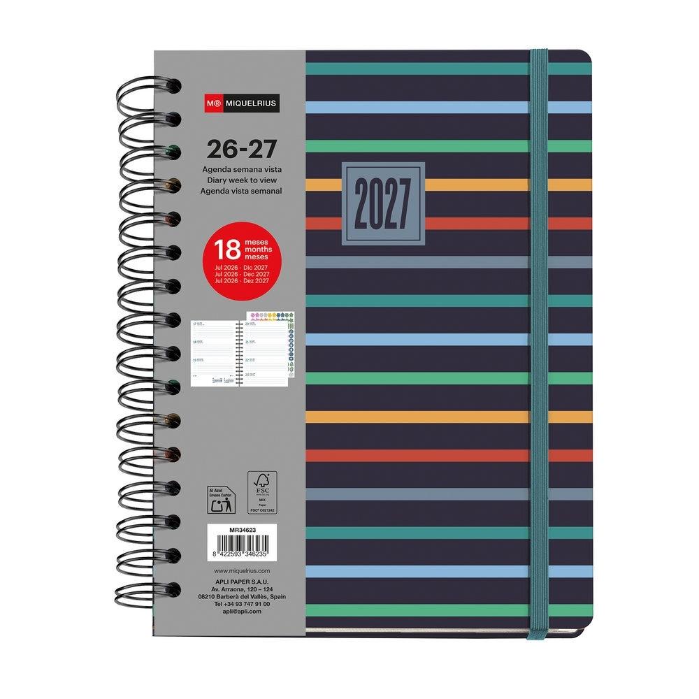 Agenda Miquelrius Escolar 2026-2027 155x213 Semana Vista Plus 18 meses Wire Stripes MR34623