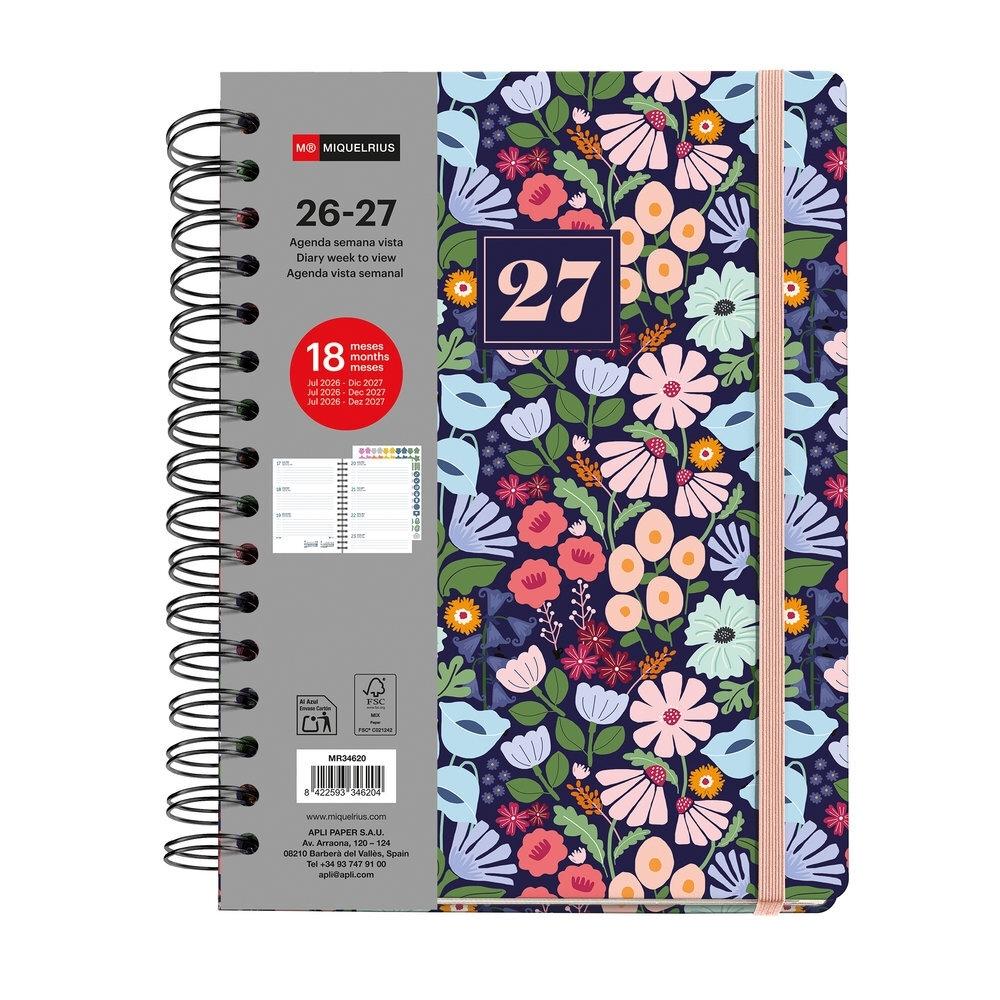 Agenda Miquelrius Escolar 2026-2027 155x213 Semana Vista Plus 18 meses Wire Black Bloom MR34620
