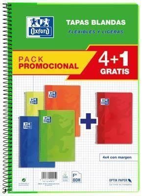 Pack 4+1 Bloc espiral Oxford 400027271 Folio Tapa blanda colores vivos 80H. cuadros 4X4