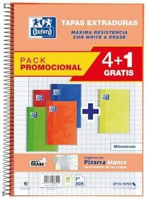 Pack 4+1 bloc espiral Oxford 100430276 Folio Tapa Extradura colores vivos 80H. milimetrado