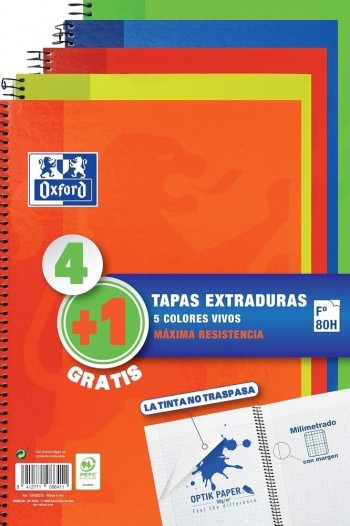 Pack 4+1 bloc espiral Oxford 100430276 Folio Tapa Extradura colores vivos 80H. milimetrado