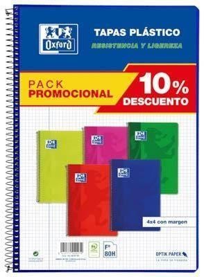 Pack 5 Bloc espiral Oxford 400091365 Folio Tapa Plastico colores vivos 80H. cuadros 4X4