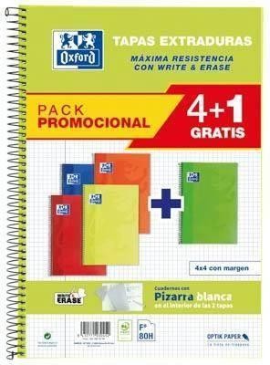 Paq.4+1 cuadernos Oxford tapa extradura 80h 90g cuadrícula 4x4 folio colores vivos